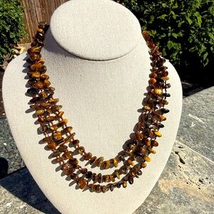 Vintage Three Strand Tiger's Eye Necklace on Hand Knotted Silk Thread